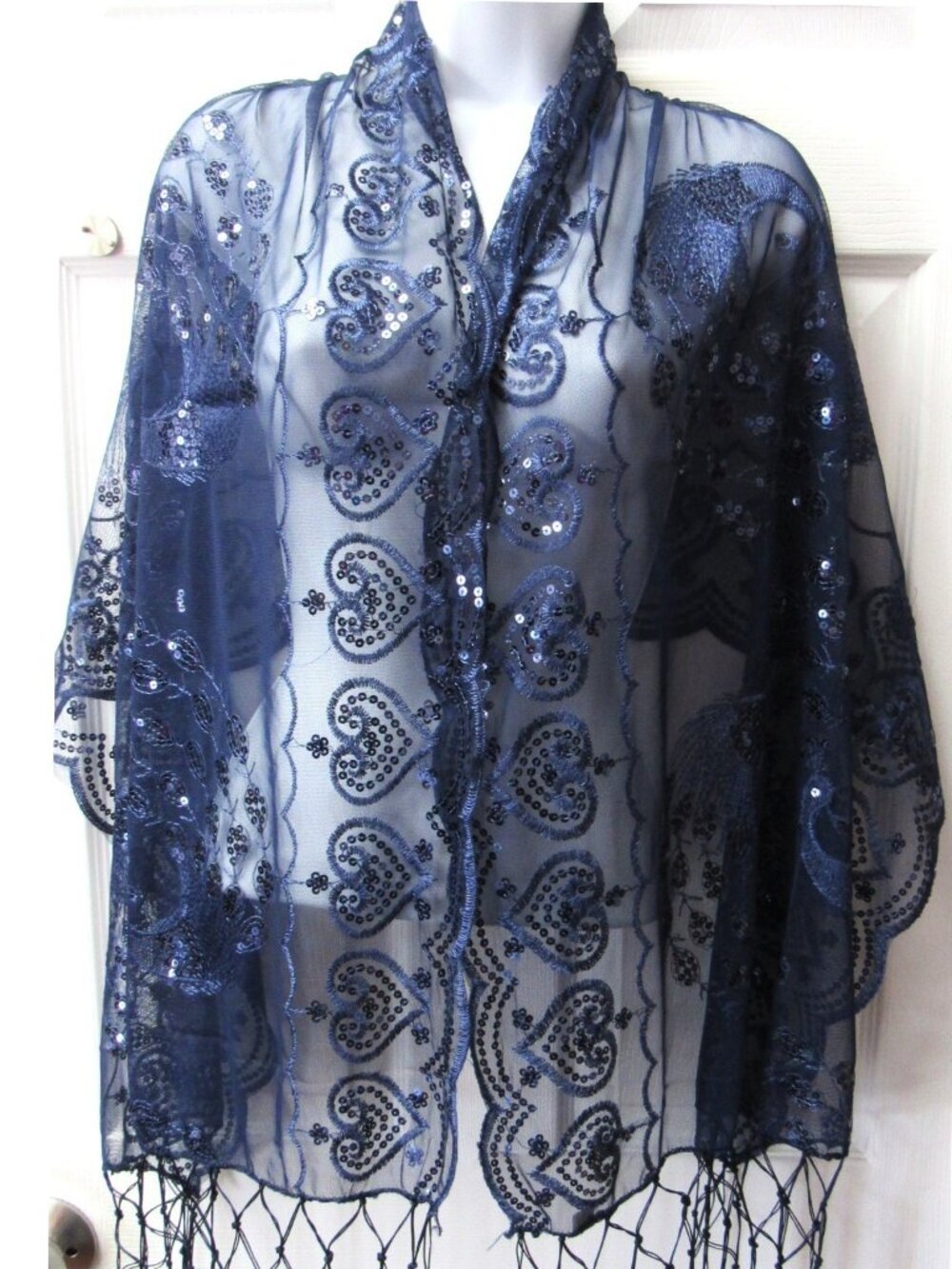 Navy Blue Dressy Sequin Sparkle Fringed Scarf Shawl Wrap Wedding Bridal Formal